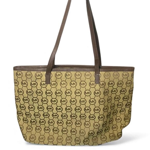 MICHAEL KORS - Beige-Mocha Block Monogram Signature Top Handle Tote Bag - Picture 4 of 6